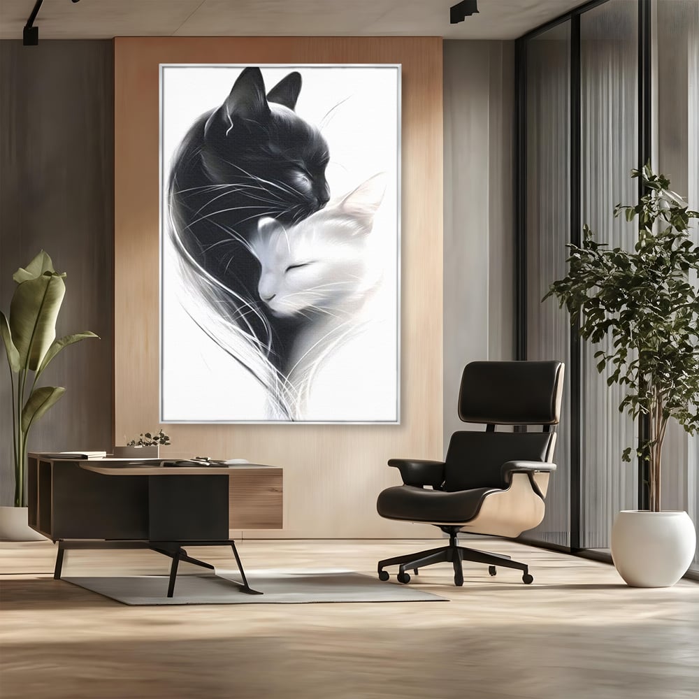 Tablou canvas cu tablou canvas cu pisici alb si negru, in rama de aluminiu argintiu, pe perete intr-un birou